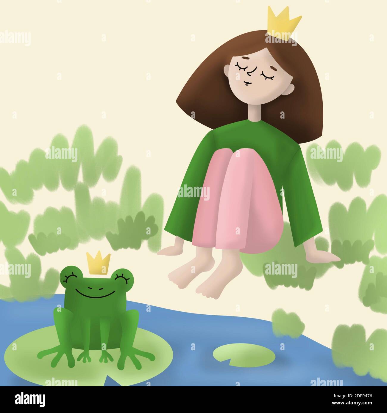 a girl wearing crown sits near the river and dreaming. green frog prince with the crown on a head sitting on a large leaf. children book illustration. a princess and a frog prince fairy tale. Stock Photo