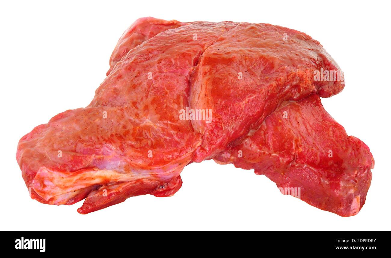 Raw pork steaks marinated in a spicy Chinese sauce isolated on a white background Stock Photo