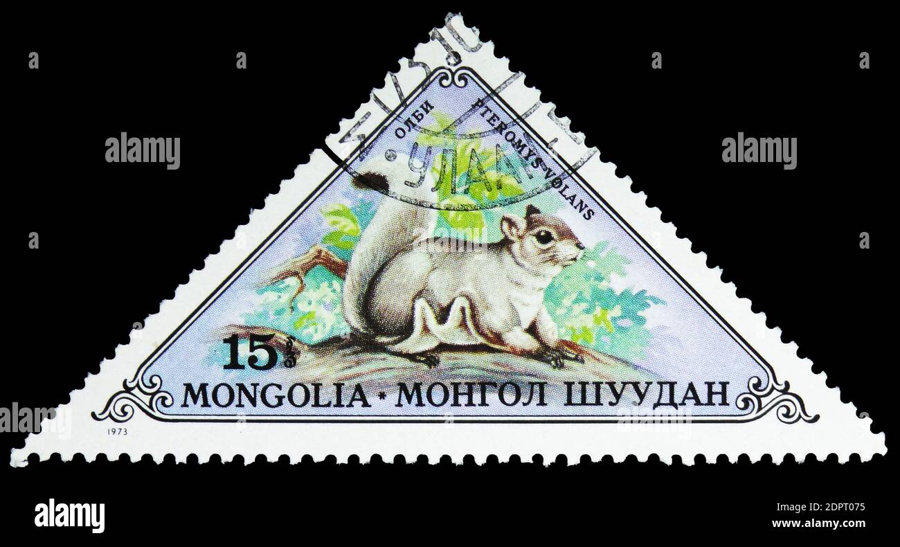 MOSCOW, RUSSIA - SEPTEMBER 26, 2018: A stamp printed in Mongolia shows Siberian Flying Squirrel (Pteromys volans), Animals serie, circa 1973 Stock Photo