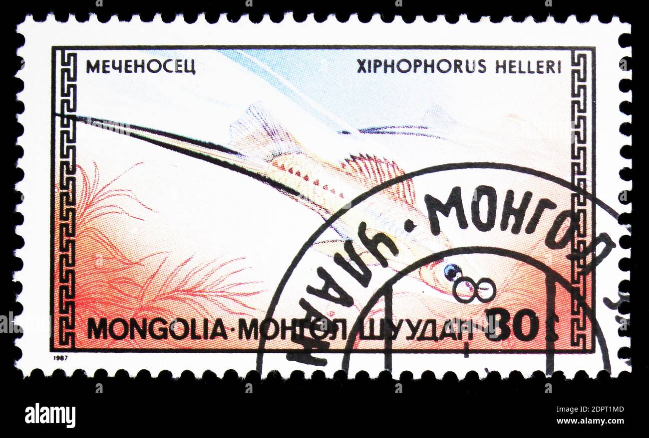 MOSCOW, RUSSIA - SEPTEMBER 26, 2018: A stamp printed in Mongolia shows Green Swordtail (Xiphophorus helleri), Tropical Fish serie, circa 1987 Stock Photo