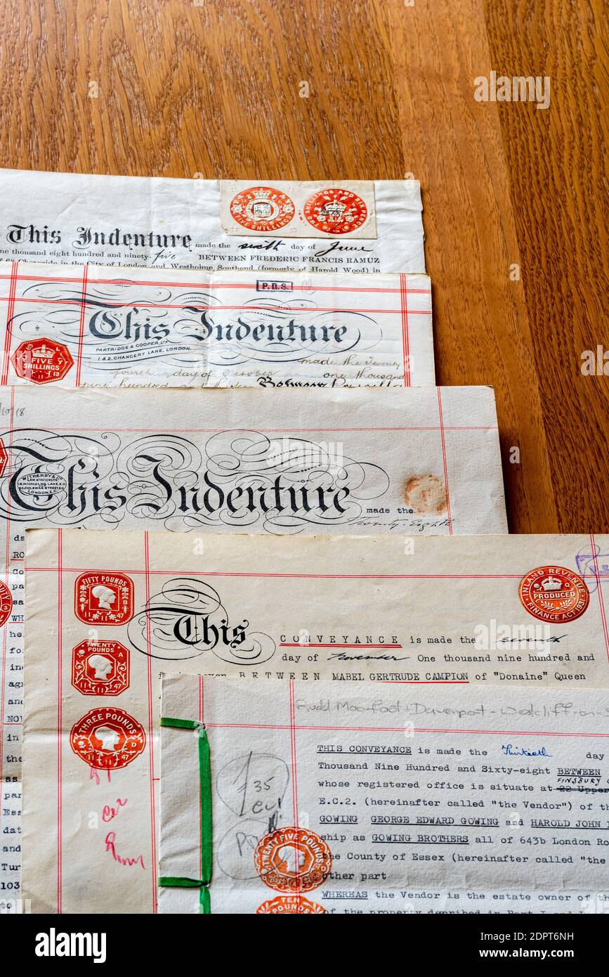 Property ownership documents. Conveyancing papers and certificates from 1895 to 1968. Stock Photo