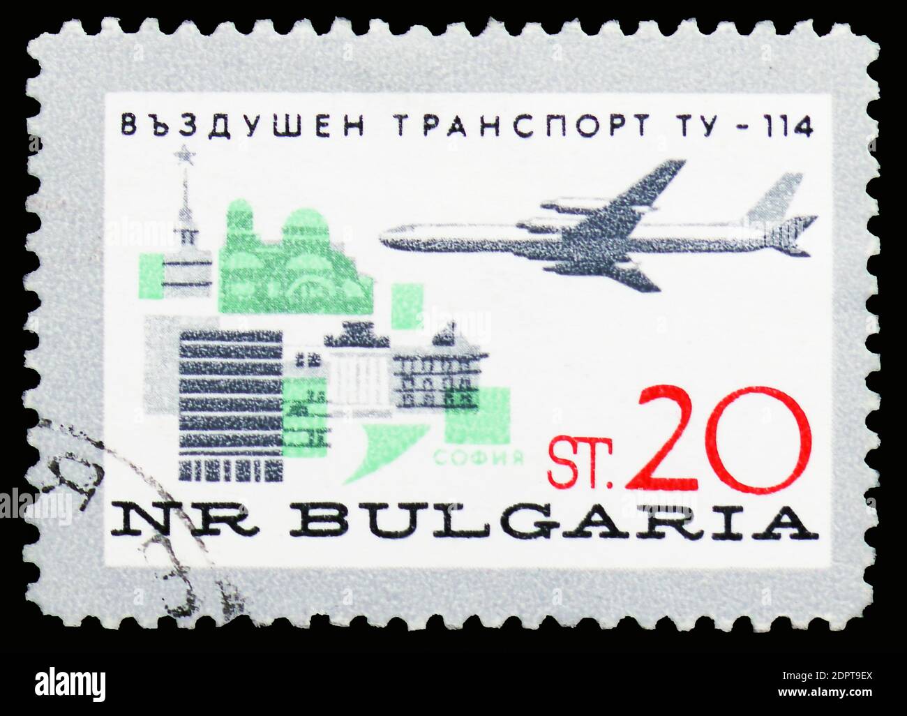 MOSCOW, RUSSIA - OCTOBER 6, 2018: A stamp printed in Bulgaria shows Tupolev TU-114 on Sofia, Development of Bulgarian Civil Air serie, circa 1965 Stock Photo