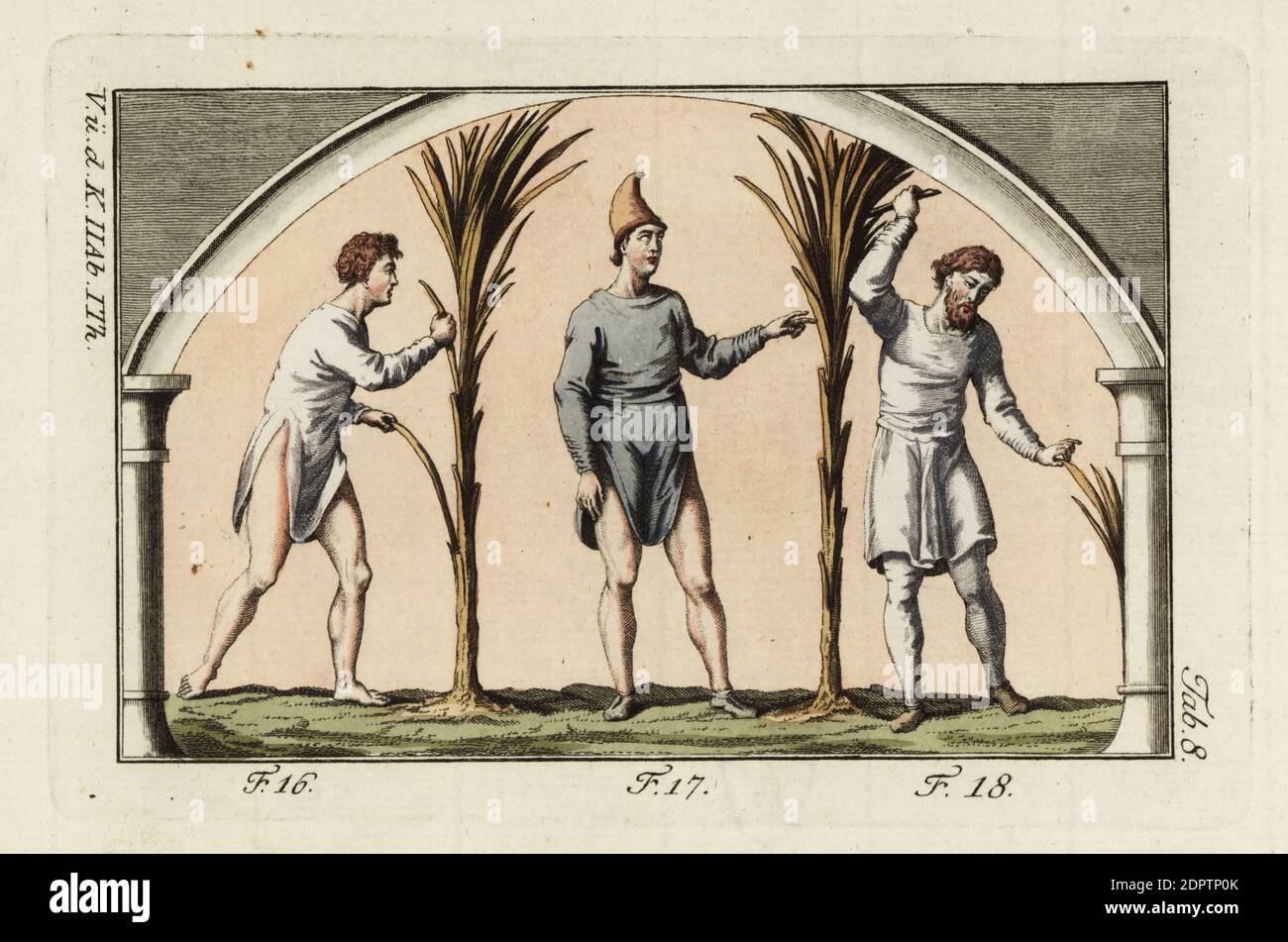 Anglo-Saxon labourer and farmers. Laborer (or slave) in simple open tunica without a belt (16), a farmer (or free man) in tunica and Phrygian hat (17) and a high-rank farmer in knee-length tunica and leggings (18). Handcolored copperplate engraving from Robert von Spalart's Historical Picture of the Costumes of the Principal People of Antiquity and Middle Ages, Vienna, 1796. Stock Photo
