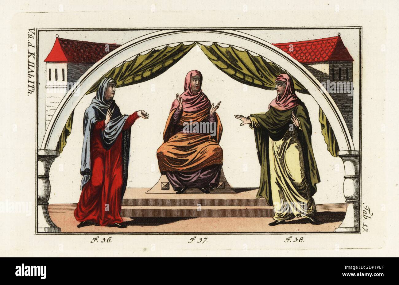 Anglo Saxon woman wearing a tunic, veil, mantle, and open-toe shoes 36, woman in tunic and veil 37 and woman in a veil in a different colour from her mantle 38. Handcolored copperplate engraving from Robert von Spalart's Historical Picture of the Costumes of the Principal People of Antiquity and Middle Ages, Vienna, 1796. Stock Photo