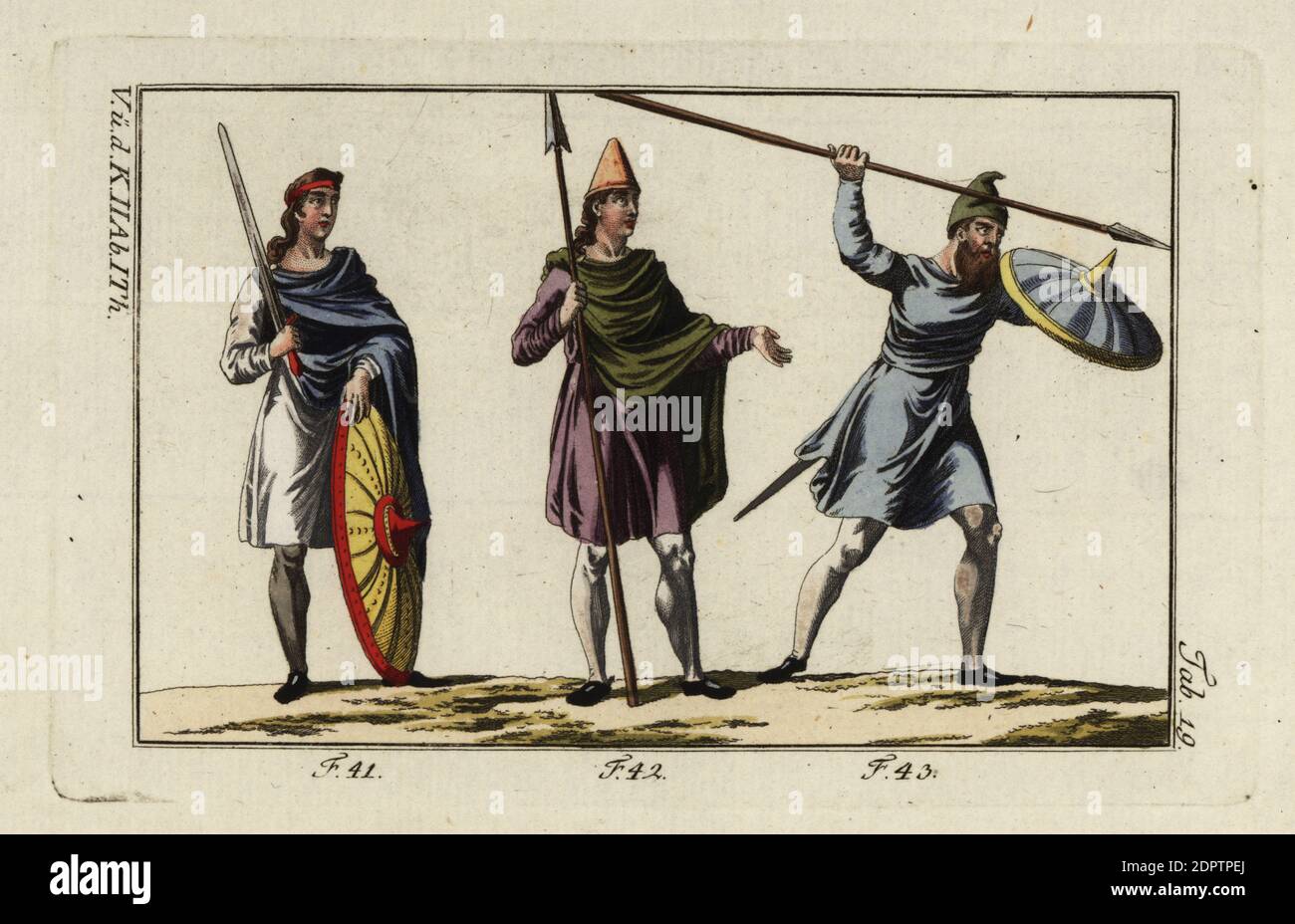 Anglo Saxon military. First officer in the royal guard with lance and shield 41, cavalier or mounted soldier with lance 42 and an infantry man or foot soldier in Phrygian cap with lance and shield raised aggressively 43. Handcolored copperplate engraving from Robert von Spalart's Historical Picture of the Costumes of the Principal People of Antiquity and Middle Ages, Vienna, 1796. Stock Photo