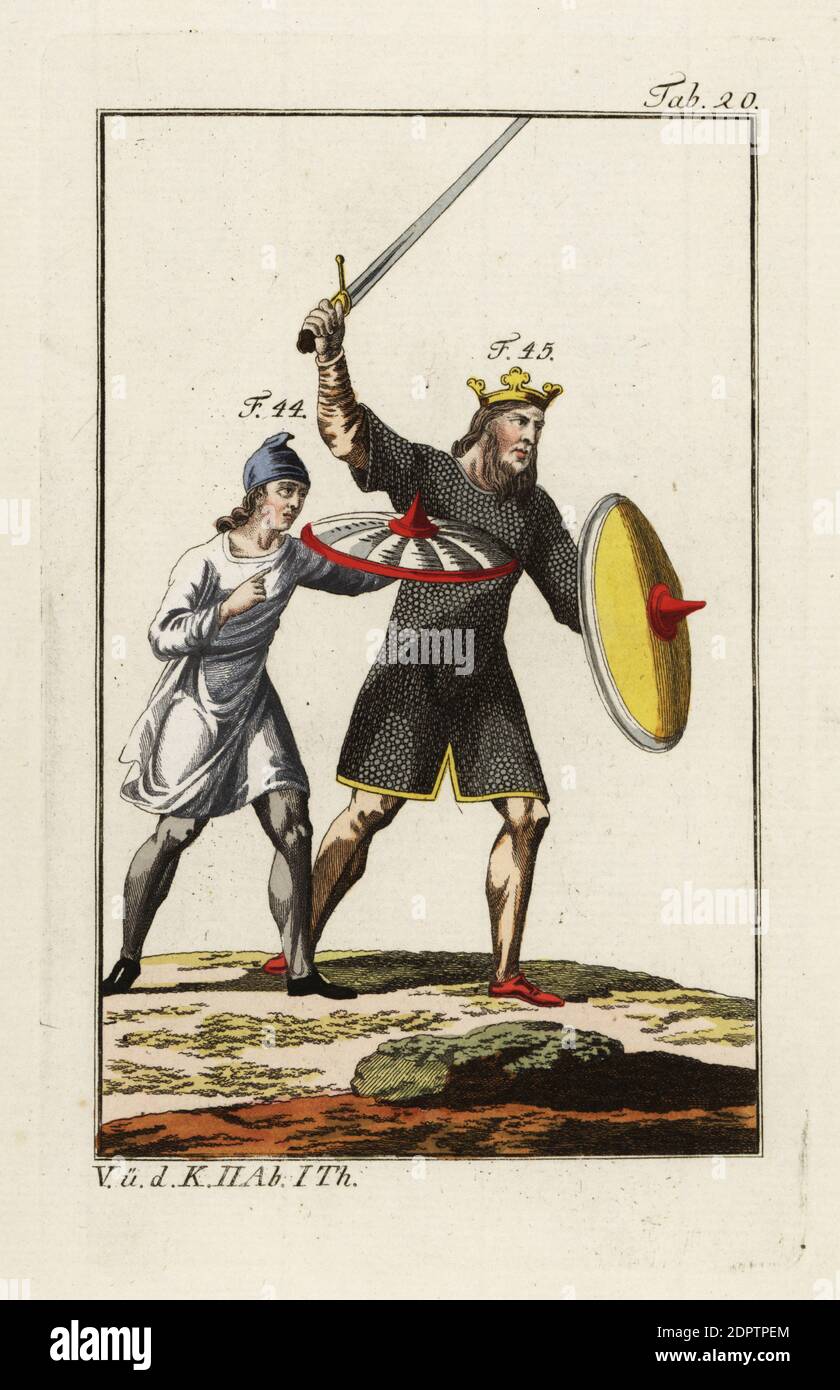 Anglo Saxon Sword High Resolution Stock Photography And Images Alamy Holding the sword over the head with the point forward, catching the incoming cut on the portion of in this stance, the swordsman holds the weapon next to his head, with the point sloping down related to the above, fencing is more than just swords. https www alamy com anglo saxon king in battle wearing a crown knee length chain mail tunic or lorica a suit of armour reserved for royalty in the 8th century he carries a yellow shield and brandishes a sword above his head 45 his equerry wears a blue cloth hat phrygian cap and white tunica and carries a white shield rimmed with scarlet 44 handcolored copperplate engraving from robert von spalarts historical picture of the costumes of the principal people of antiquity and middle ages vienna 1796 image392695036 html