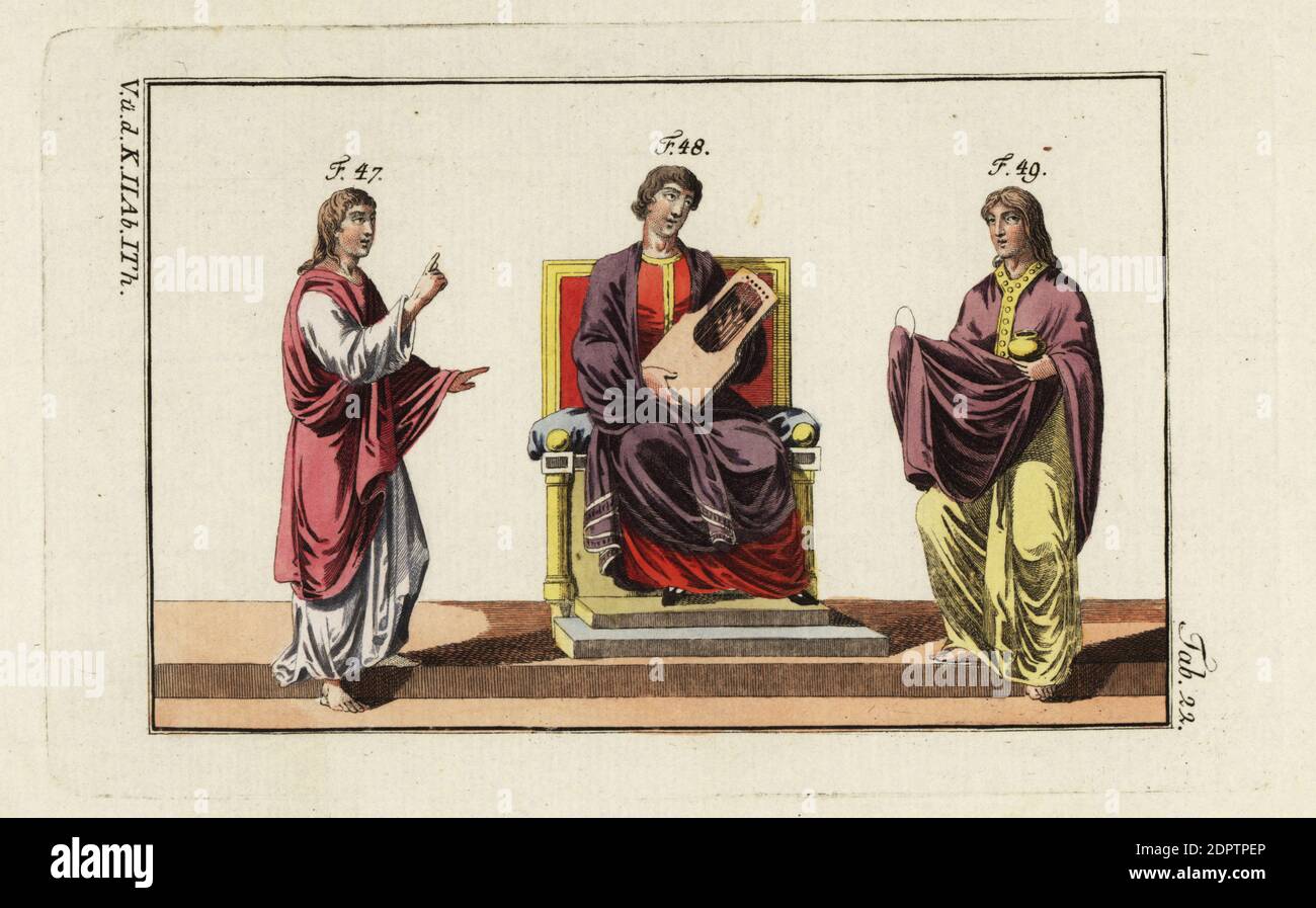King David and priests in Anglo Saxon garb. One of the priests who carried the ark of the covenant 47, David playing on a harp 48, and a priest carrying the host in his right hand and the ciborium in his left 49. Images taken from Saxon manuscripts. Handcolored copperplate engraving from Robert von Spalart's Historical Picture of the Costumes of the Principal People of Antiquity and Middle Ages, Vienna, 1796. Stock Photo