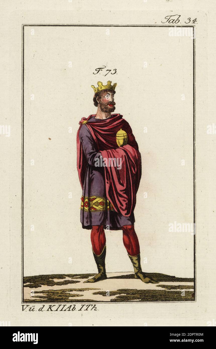 King of the Danes with crown and sceptre. Purple tunic, crimson mantle, stockings, pointed boots. In their clothes, the Danes are distinguished from the Saxons by their grand magnificence and a penchant for softness. Kings wore superb garments, often embroidered or decorated with a golden fringe. They wore shoes and a type of pointed boots. The mantle was fastened at the right shoulder with a clasp and covered the left shoulder or fell over the chest. Handcolored copperplate engraving from Robert von Spalart's Historical Picture of the Costumes of the Principal People of Antiquity and Middle A Stock Photo