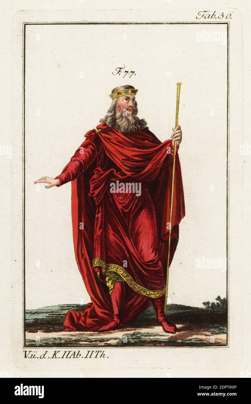 Clovis (c. 466511), first King of all the Franks, founder of the Merovingian dynasty. Clovis wears a long tunic decorated with a border embroidered in gold, a great mantle, boots and a diadem. His sceptre is of the greatest simplicity 77. Handcolored copperplate engraving from Robert von Spalart's Historical Picture of the Costumes of the Principal People of Antiquity and Middle Ages, Vienna, 1796. Stock Photo