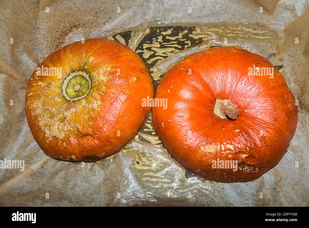 Roasted pumpkin halves cooked on baking paper in the oven for preparation of pumpkin puree for pumpkin pie on Thanksgiving, Dublin, Ireland Stock Photo
