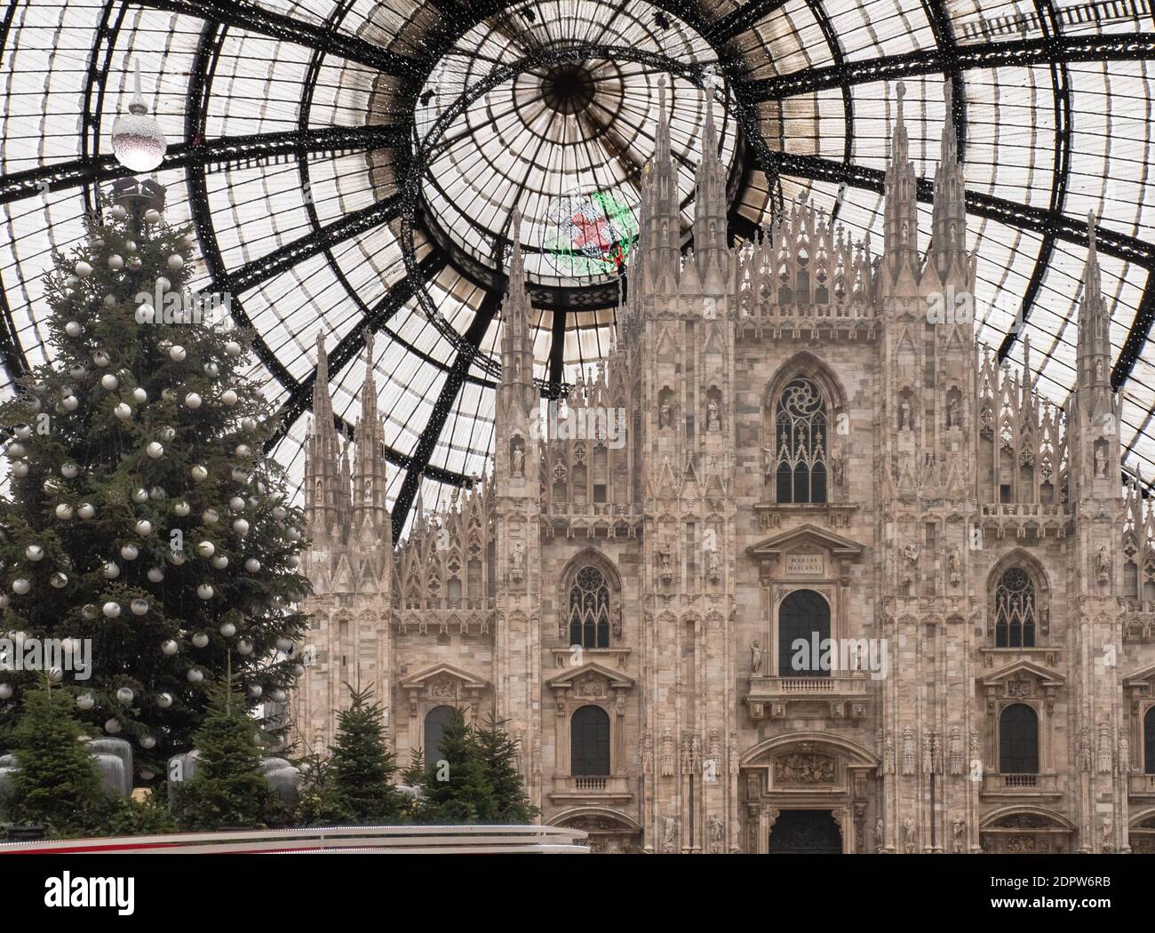 symbols of Milan, the cathedral in December with Christmas tree and the gallery dome in the background.Lombardy,Italy Stock Photo