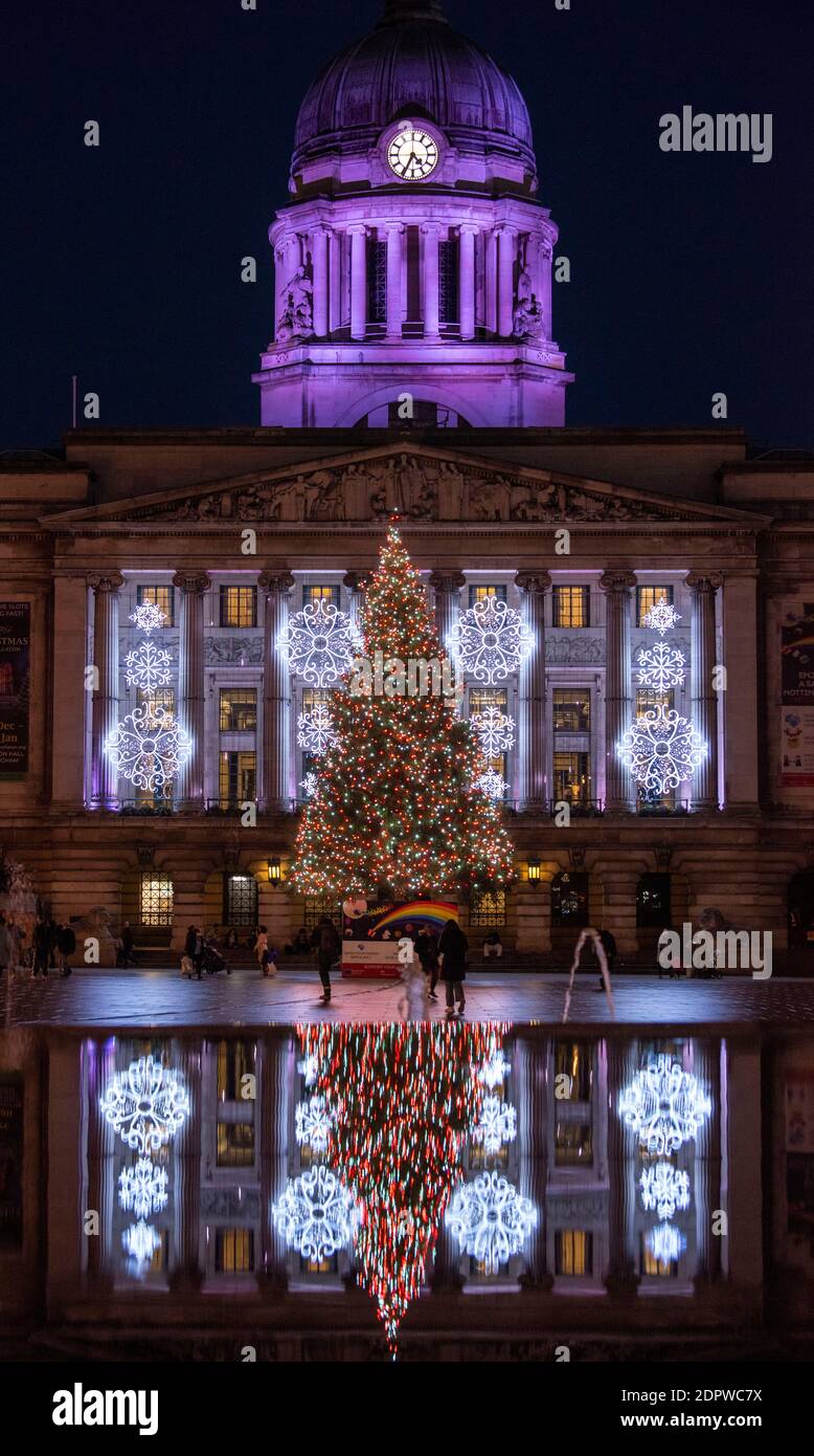 Tree and Council House lit up for Christmas in the Market Square, Nottingham City, Nottinghamshire England UK Stock Photo