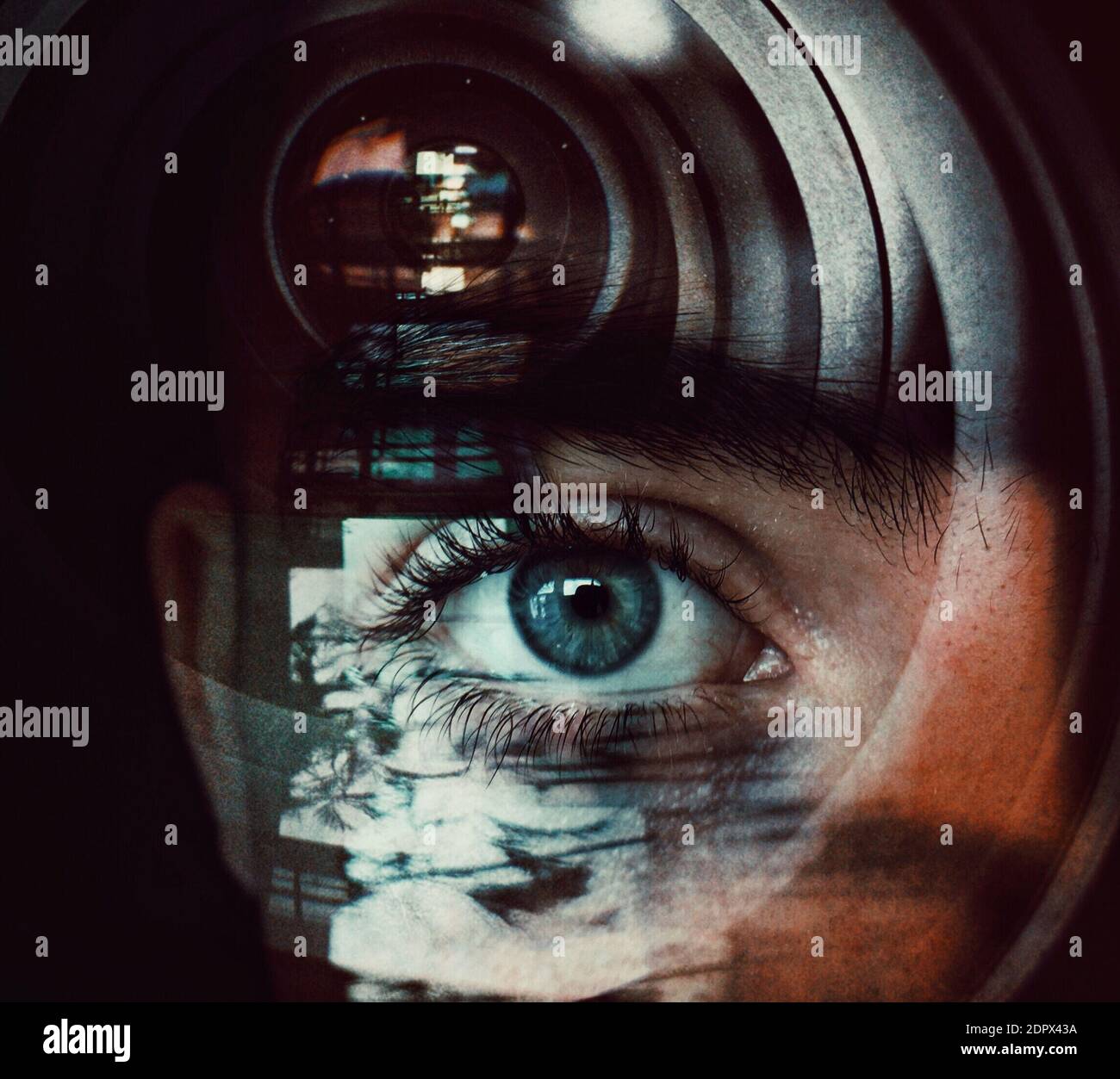 Double Exposure Image Of Human Eye And Camera Lens Stock Photo - Alamy