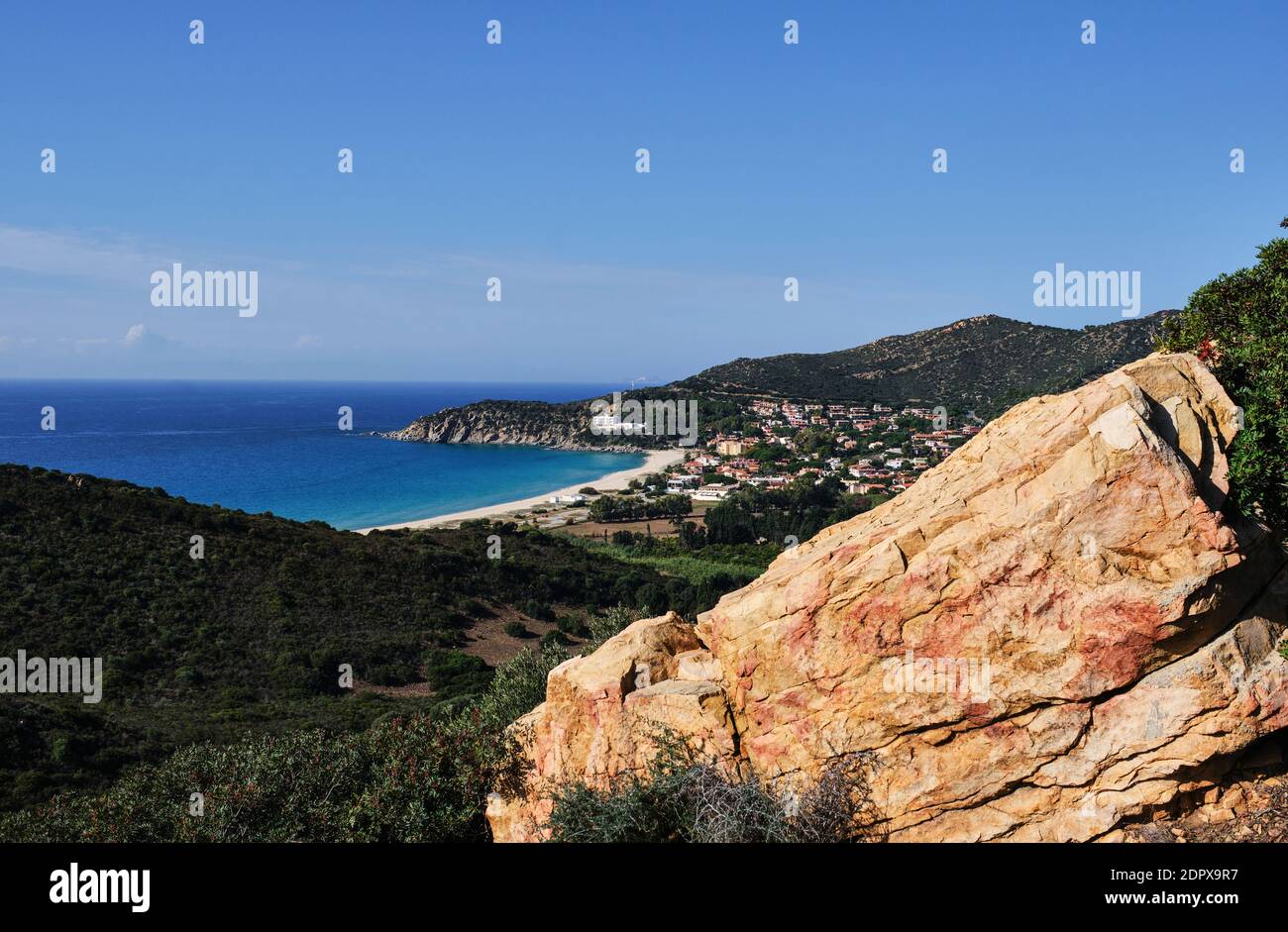 Panoramic view on Solanas, little city in Villasimius, Sardinia, Italy Stock Photo