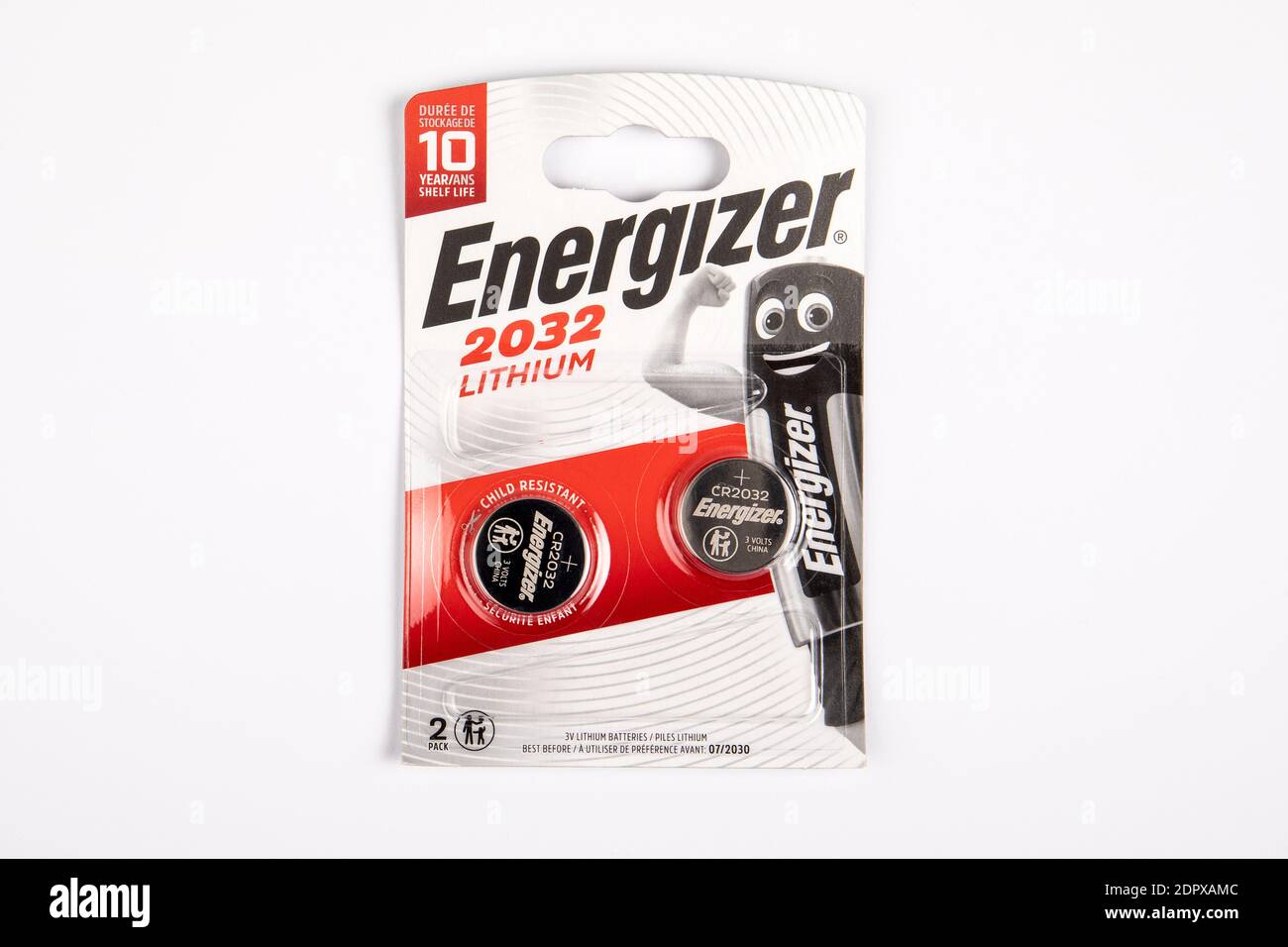 Riga, Latvia - December 17 ,2020 : Energizer 2032 Lithium Coin Battery.  Cardboard and plastic packaging. White background Stock Photo - Alamy