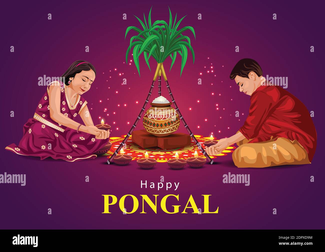 Happy Pongal celebrations banner, template or poster design. South Indian harvest festival with kids making Pongal on dark background. vector illustra Stock Vector
