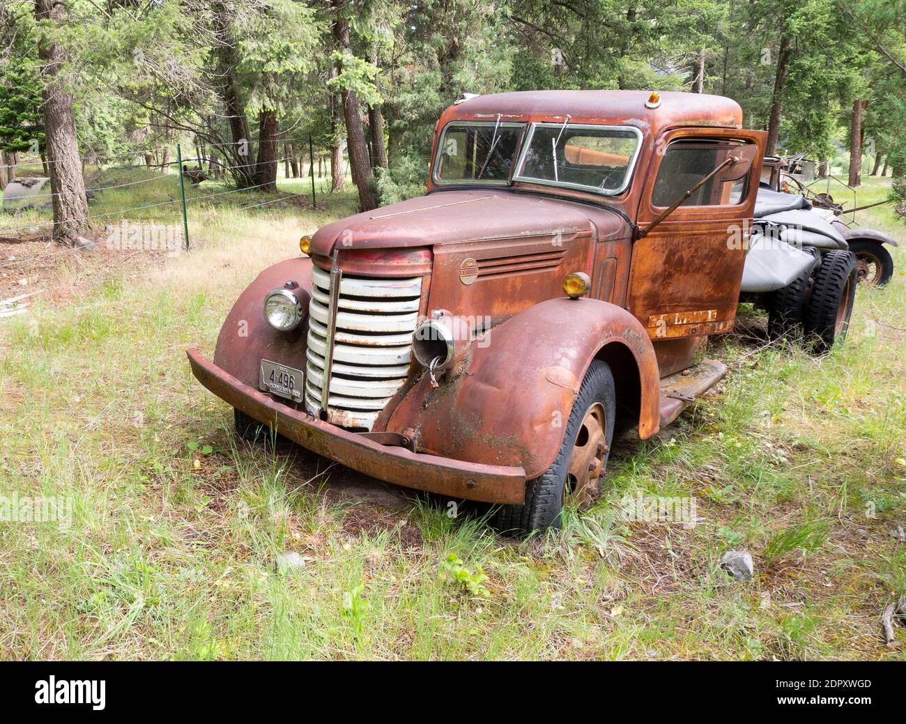 A rusted out 1939 Federal farm truck on a farm in Valley of the Moon, Rock Creek, Montana. Stock Photo