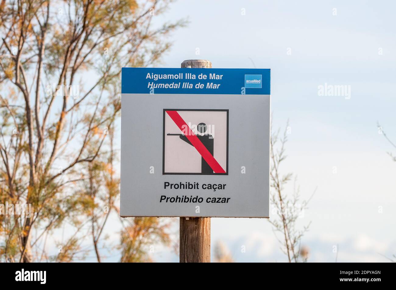 forbidden hunting sign post, no hunting, no shooting, in a wetland area, in spanish and catalan languages,  Ebro delta, Tarragona, Catalonia, Spain Stock Photo