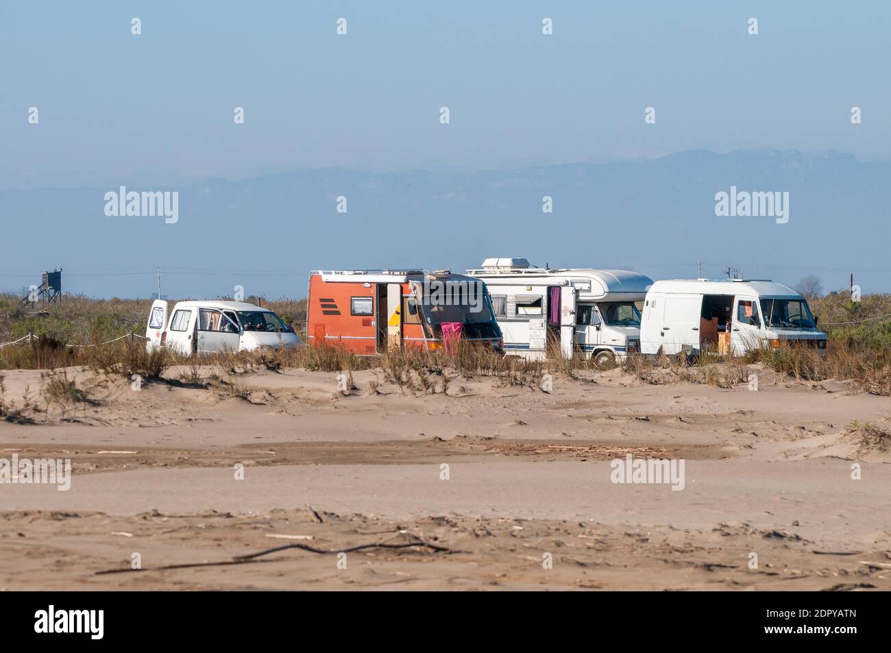 campers on the beach, Ebro delta, Tarragona, Catalonia, Spain Stock Photo
