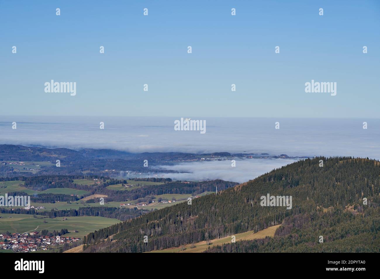 Munich from afar, hidden in fog Stock Photo