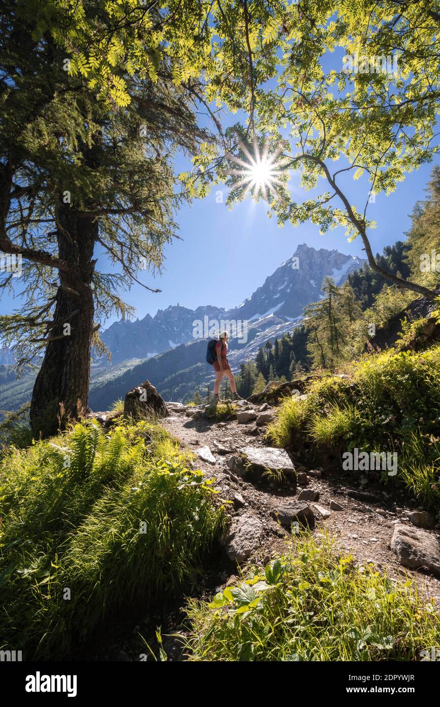Hiker on trail through the forest to La Jonction, in the back summit of the Aiguille du Midi, Chamonix, Haute-Savoie, France Stock Photo