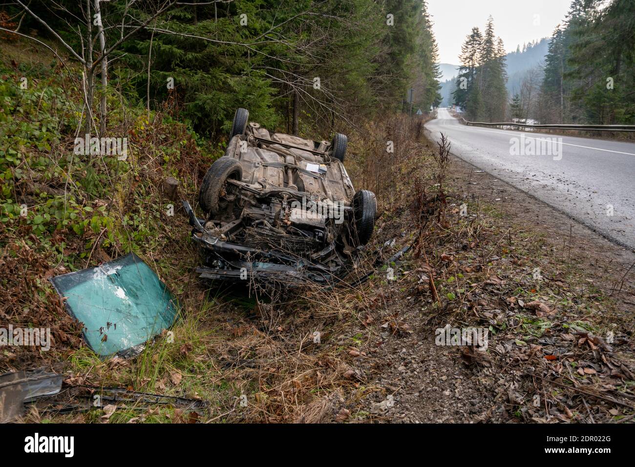 The Car Got Into an Accident on the Mountain Road and fell Upside Down