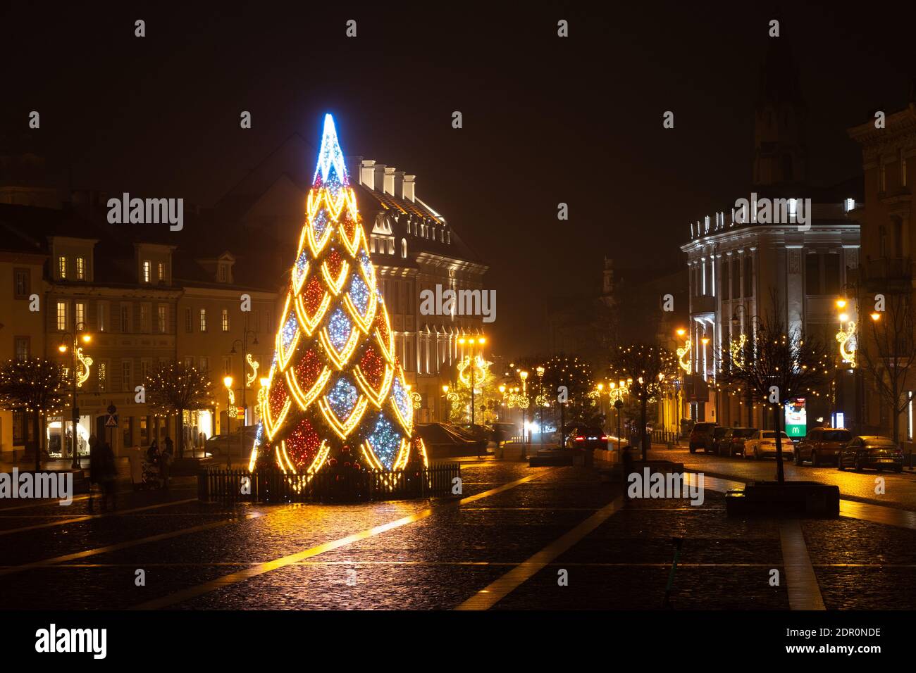 Vilnius Town Hall, Lithuania, Vilnius rotuse with Christmas tree and decorations, night Stock Photo