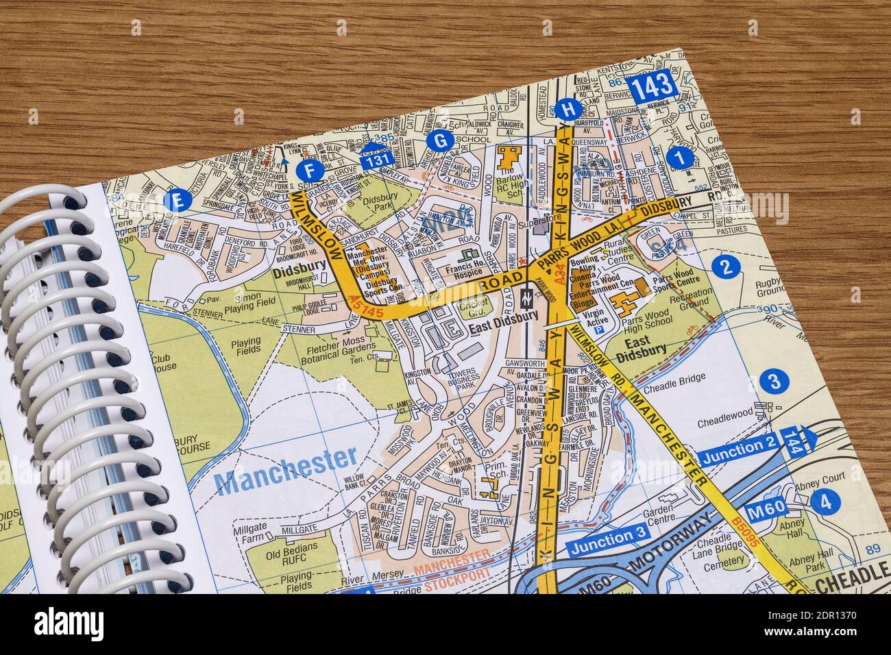 Close up of a street atlas showing a map of the Manchester district of Didsbury UK Stock Photo