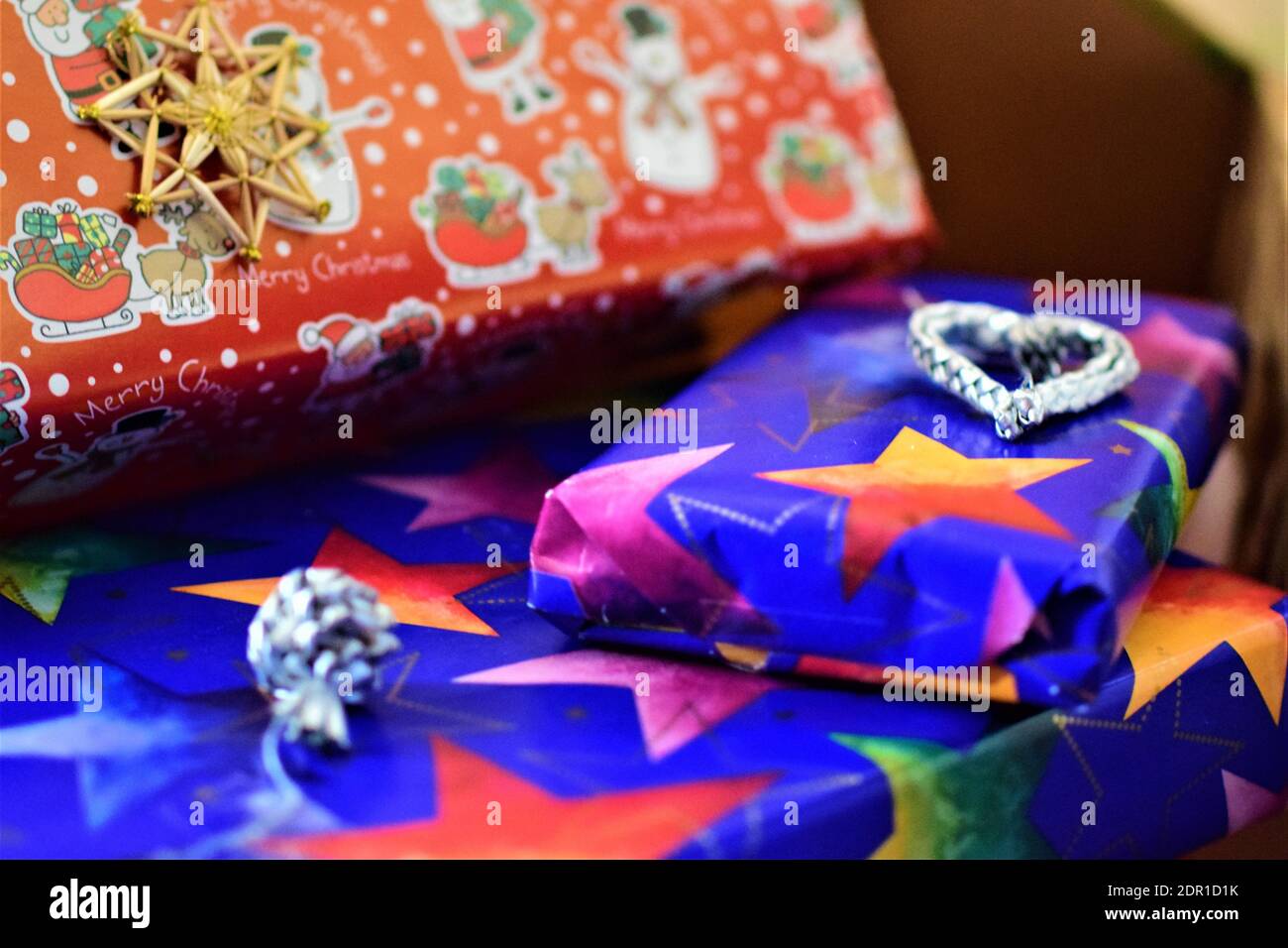 A close up of colorful christmas gifts Stock Photo