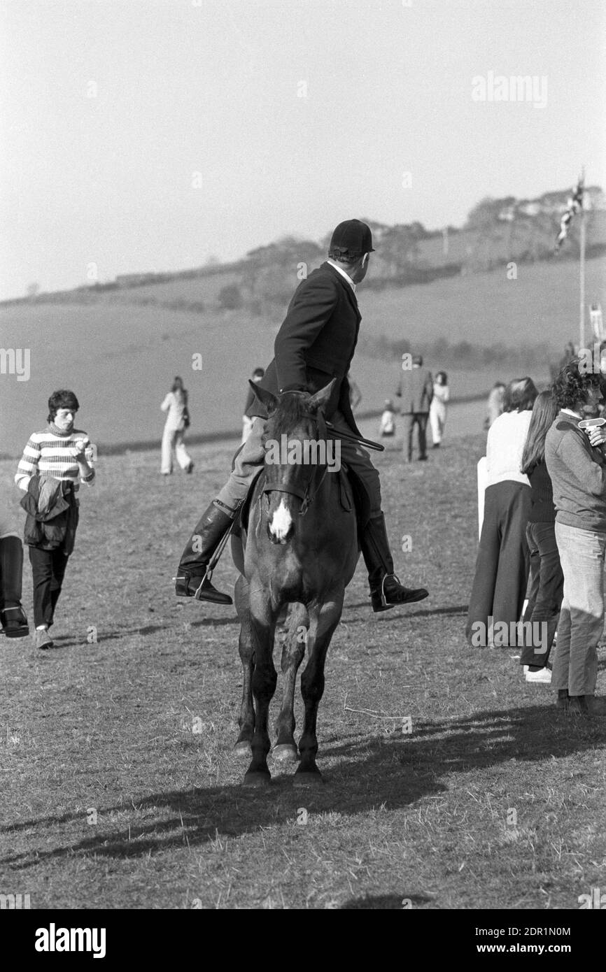 UK, England, Devonshire, Buckfastleigh, 1972. Point-to-Point races were held at  Dean Court on the Dean Marshes, close to the A38 between Plymouth and Exeter. A member of the local hunt astride his horse. Stock Photo