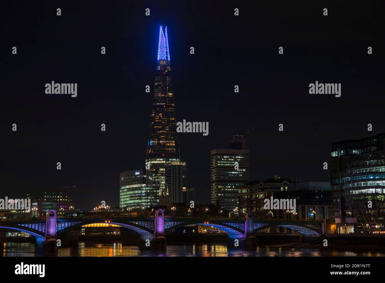 Shard Lights 2020 display & Southwark Bridge, London, England Stock