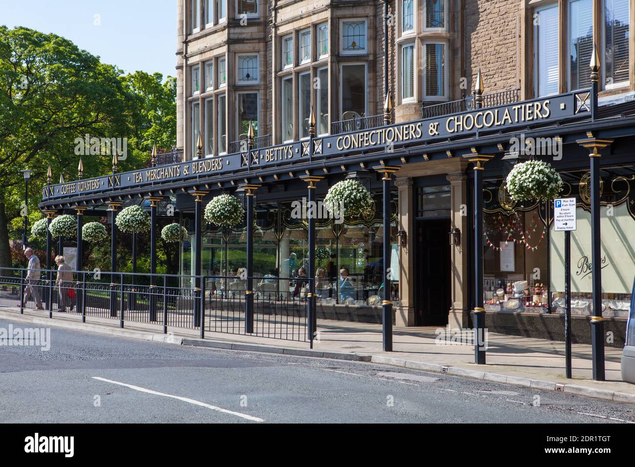 View of the facade and signage of the famous Betty's tea room, cafe and restaurant in Harrogate, North Yorkshire Stock Photo