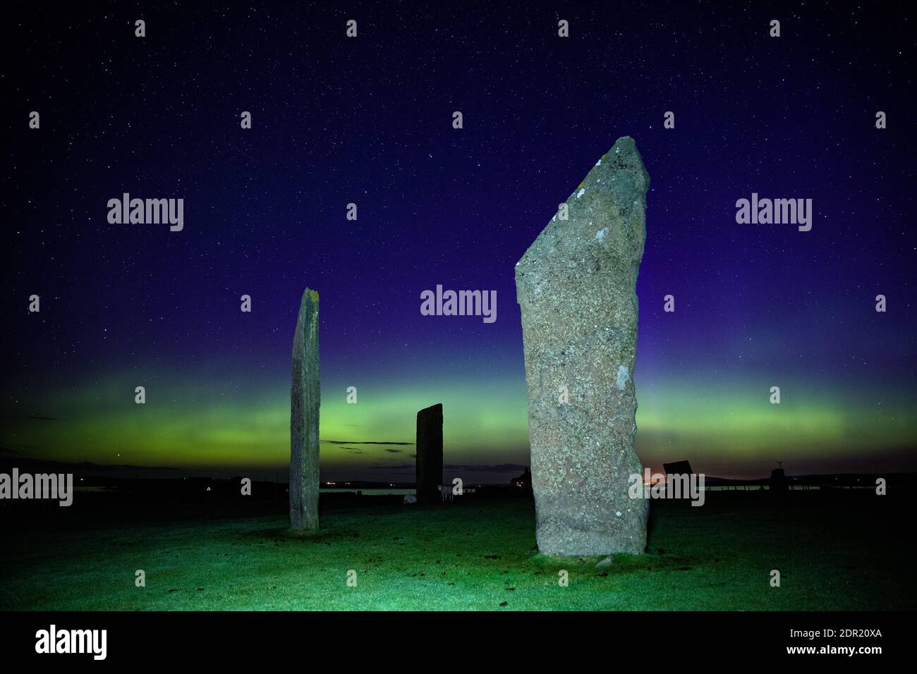Northern Light With Stones Of Stenness, Orkney Islands, Uk. Stock Photo