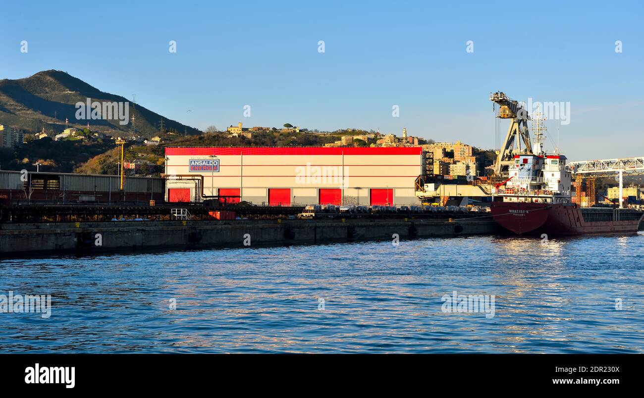 Ansaldo Energia quay for the embarkation of maxi turbines in the port December 13 2020 Genoa Italy Stock Photo