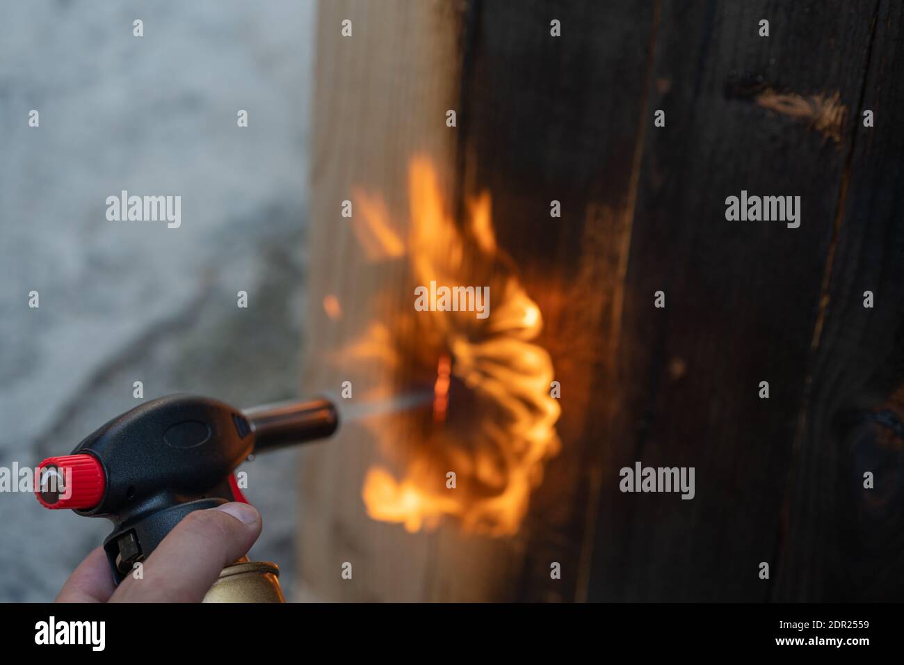 Professional carpenter using old traditional japanese technique. Burning wood planks with gas burner. DIY process. Stock Photo