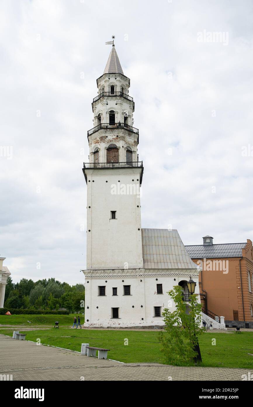 Leaning Tower of Nevyansk in summer day. Tower in the town of Nevyansk in Sverdlovsk Oblast, Russia built in the 18th century. Stock Photo