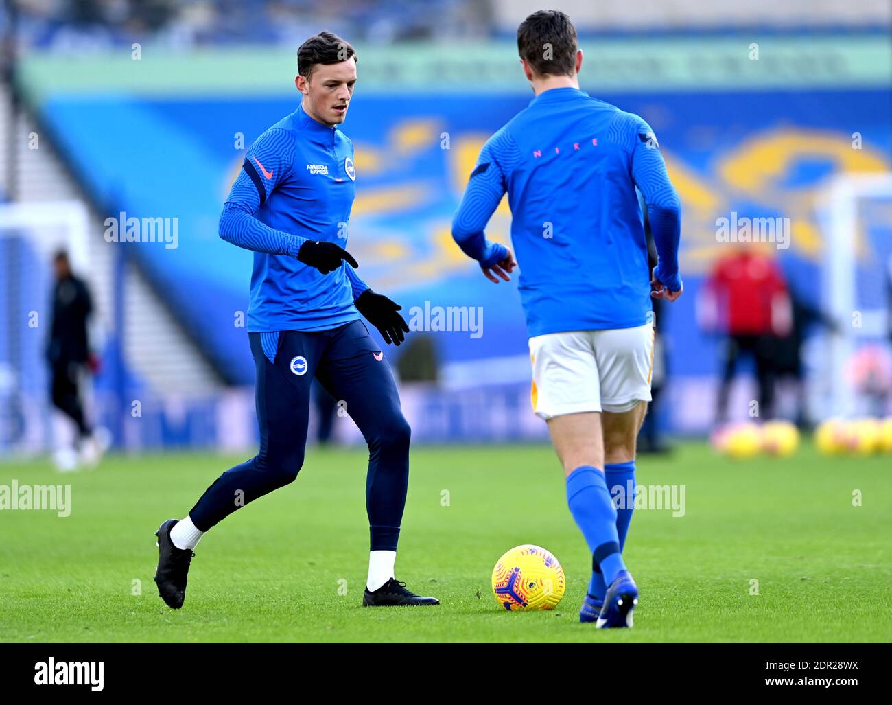 Brighton And Hove Albion S Ben White Left Warms Up On The Pitch Prior To The Beginning Of The Premier League Match At The Amex Stadium Brighton Stock Photo Alamy