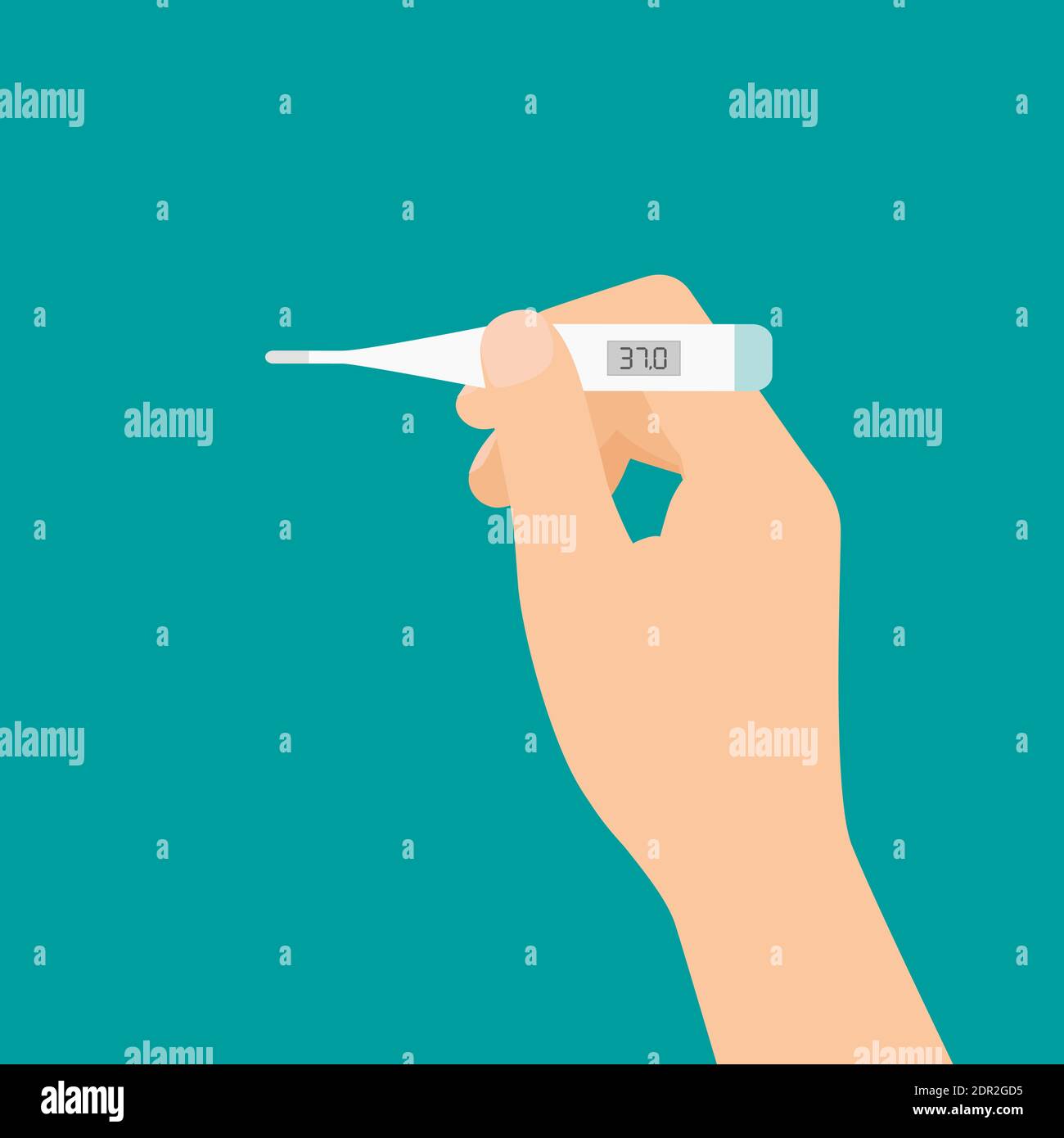 Flat design illustration of male or female hand holding medical thermometer and measuring temperature - vector Stock Vector