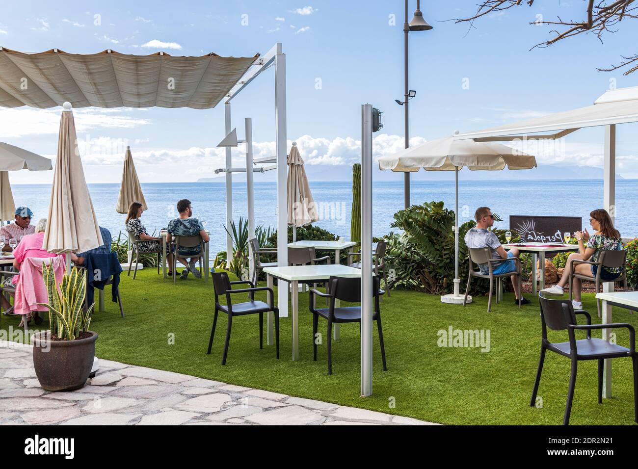 Restaurant Pergola on the seafront in Puerto Santiago, Tenerife, Canary Islands Stock Photo
