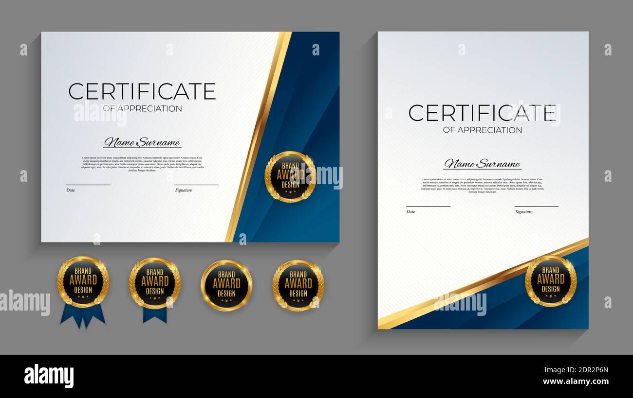 Blue and gold Certificate of achievement template set with gold badge ...