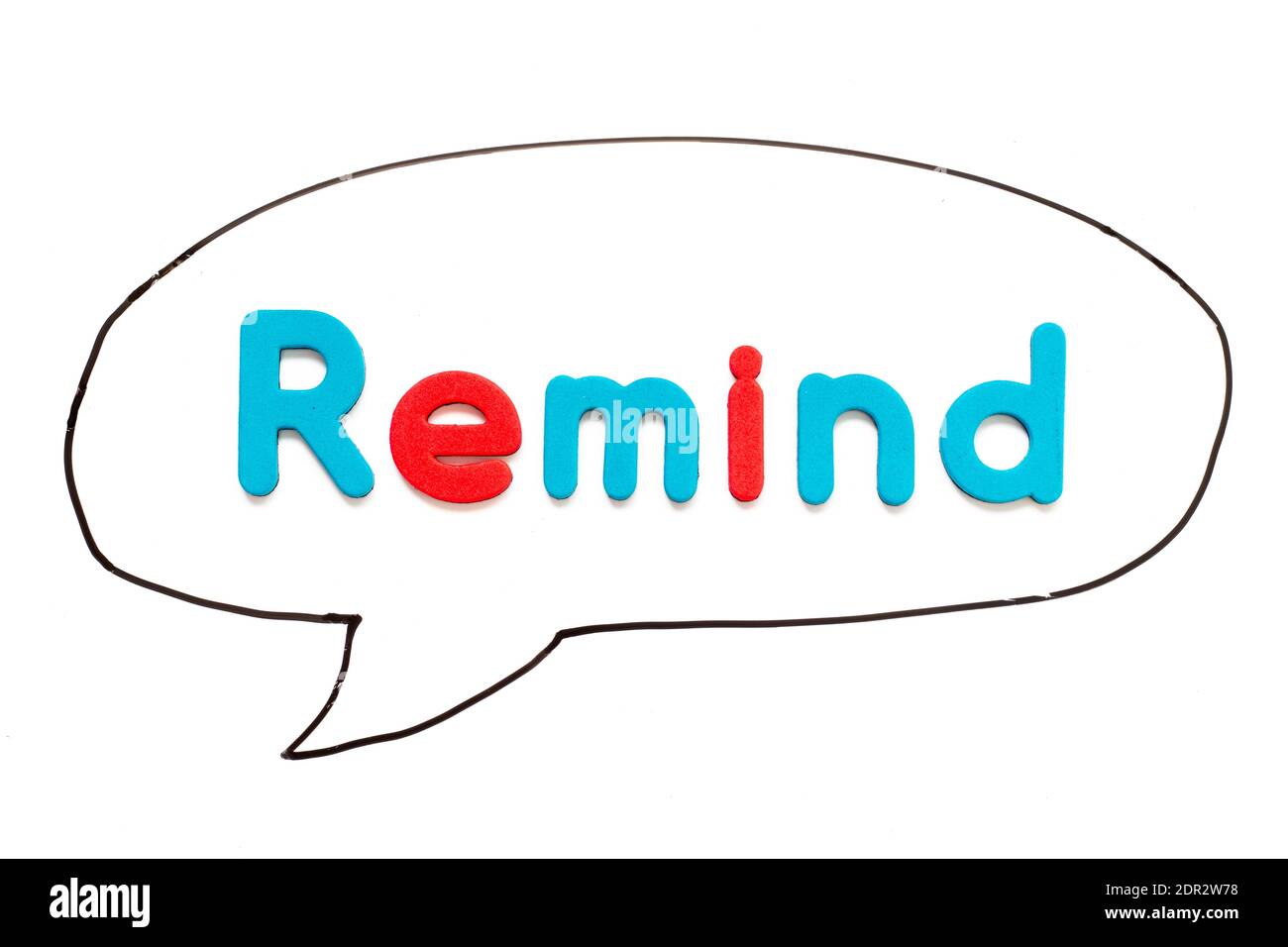 Alphabet letter with word remind in black line hand drawing as bubble speech on white board