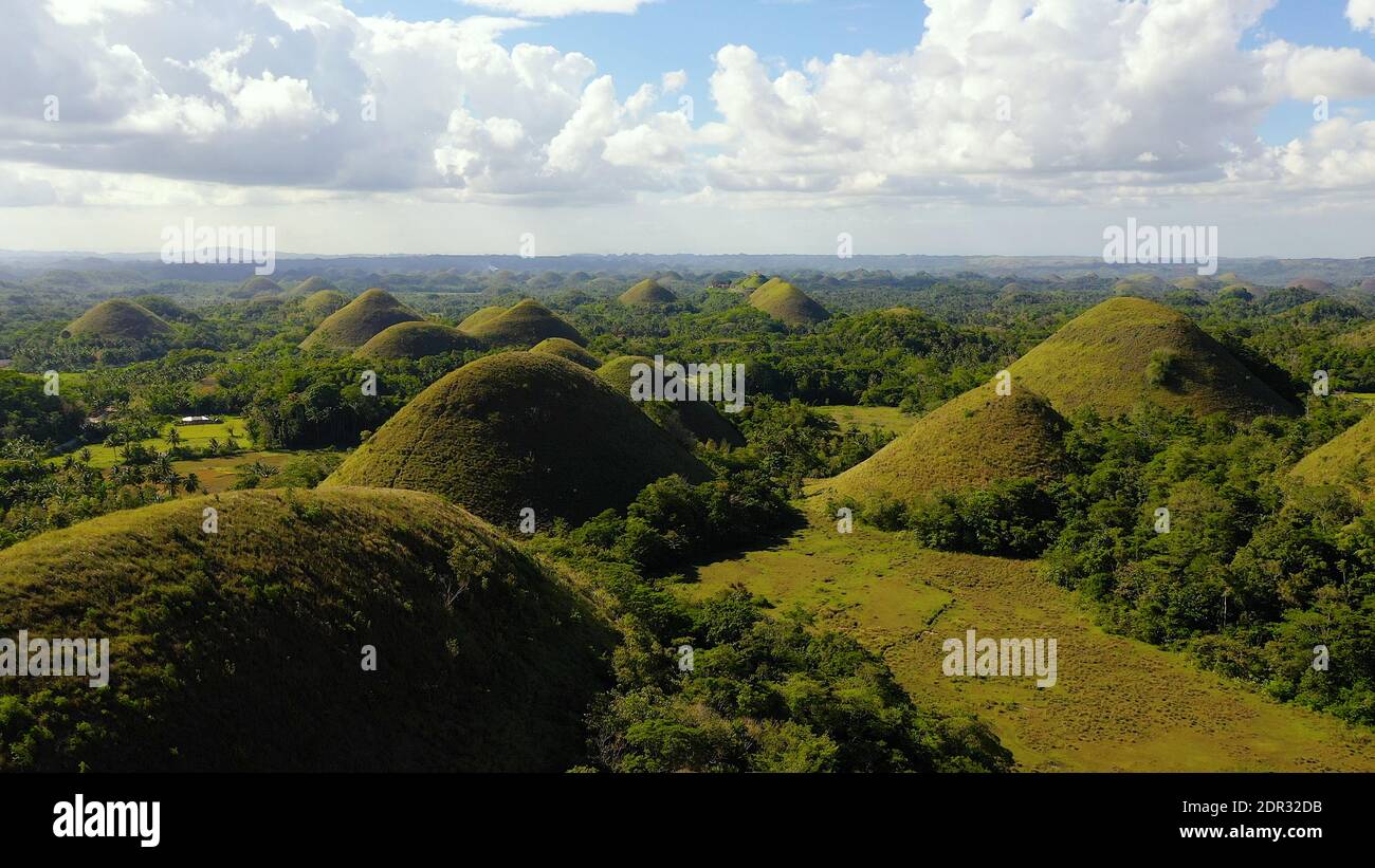 Aerial drone of the chocolate hills, a famous tourist destination on
