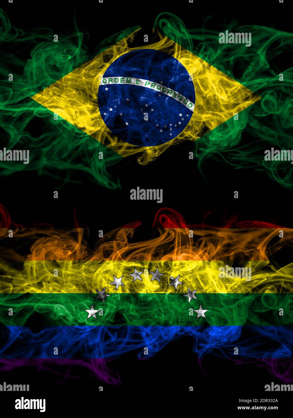 Brazil, Brazilian vs Venezuela, gay smoky mystic flags placed side by side. Thick colored silky abstract smoke flags. Stock Photo