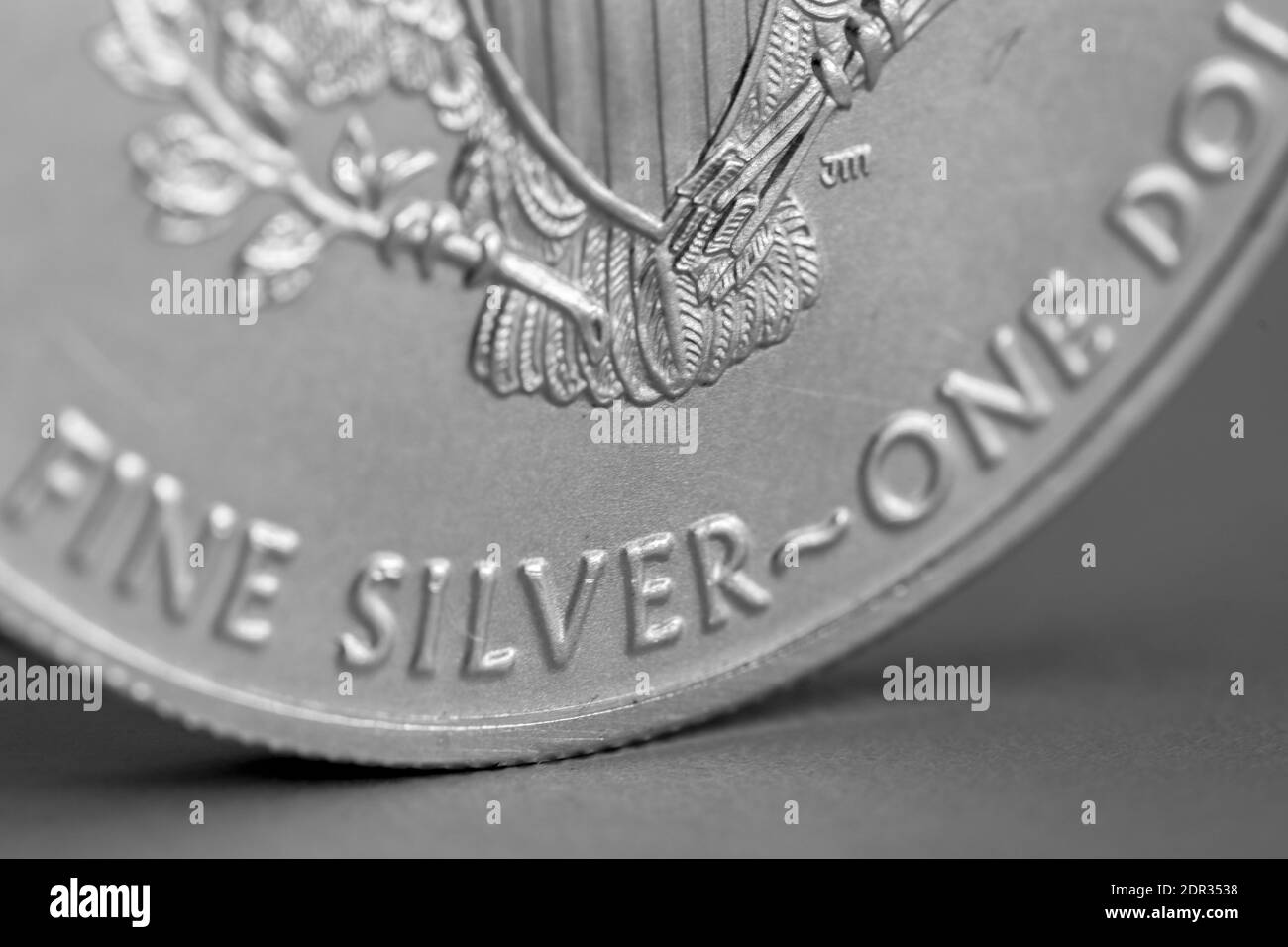 Isolated close up macro of a one ounce .999 US Silver Eagle Coin Stock Photo