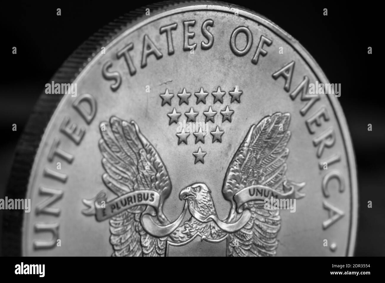 Isolated close up macro of a one ounce .999 US Silver Eagle Coin Stock Photo