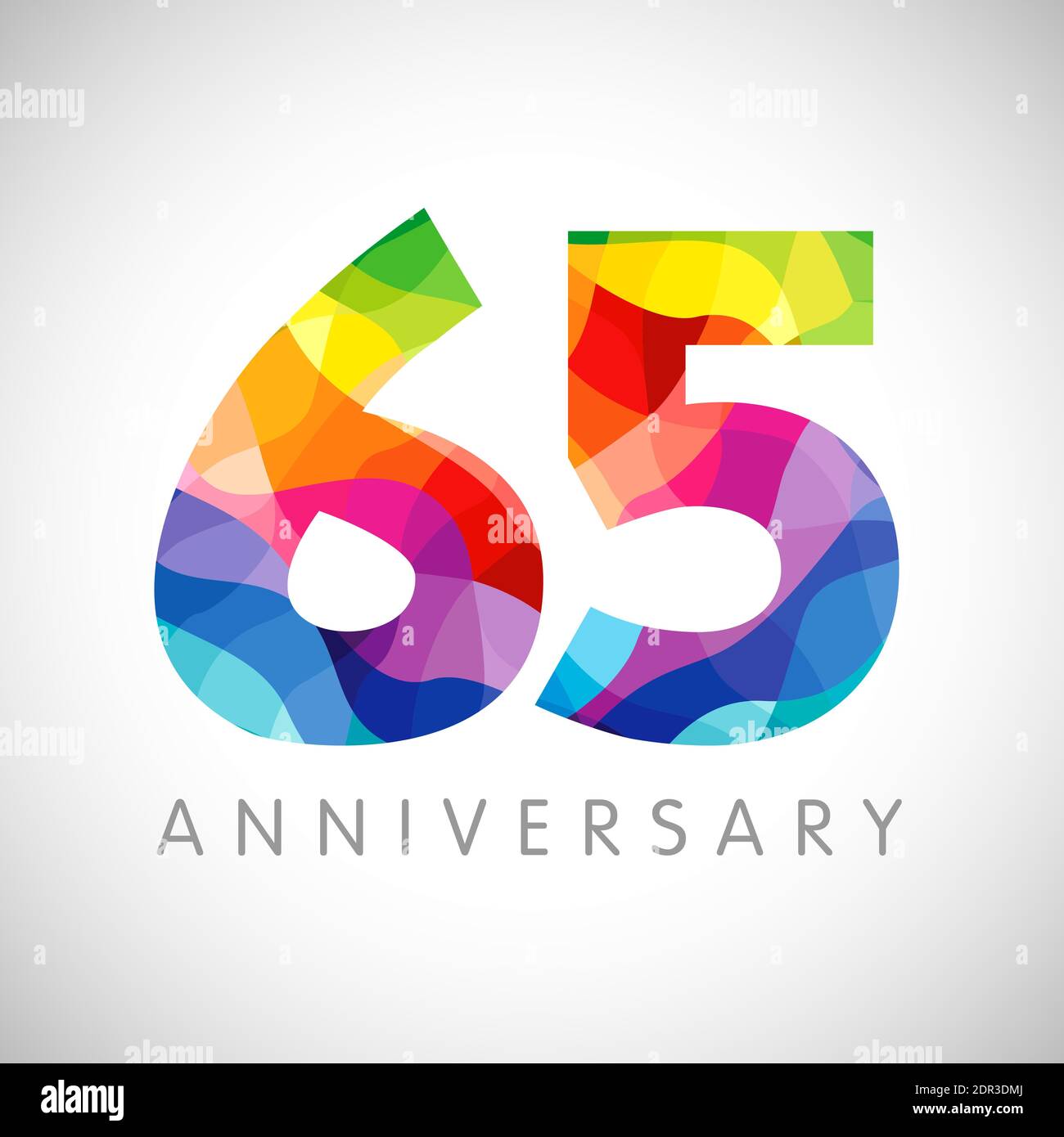 65th anniversary numbers. 65 years old logotype. Bright congrats. Isolated abstract graphic design template. Creative 5, 6 sign, 3D digits. Up to 65%. Stock Vector