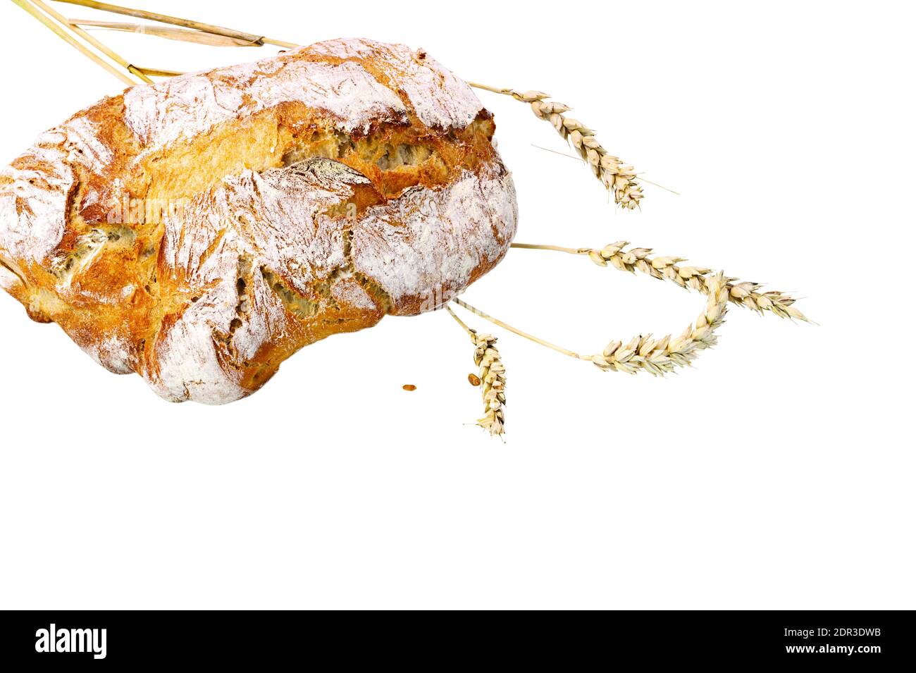 Close up view of loaf white bread and wheat ears isolated white ...