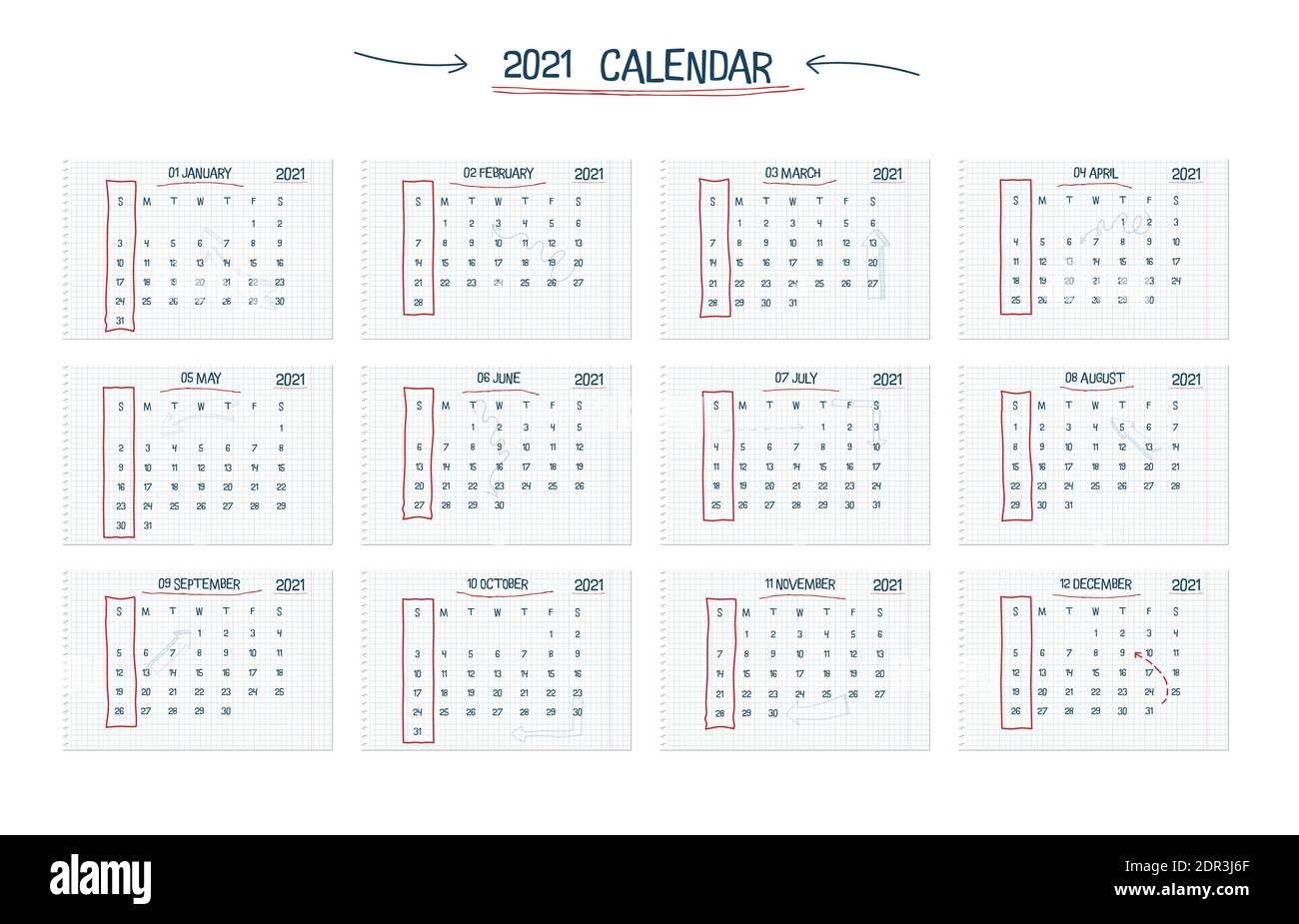 2021calendar hand drawn text school note style, separete checkered