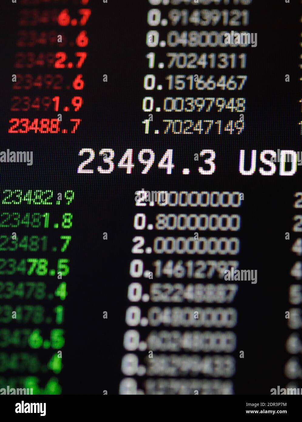 Shallow depth of field (selective focus) image with details of Bitcoin cryptocurrency transactions on a digital screen. Stock Photo