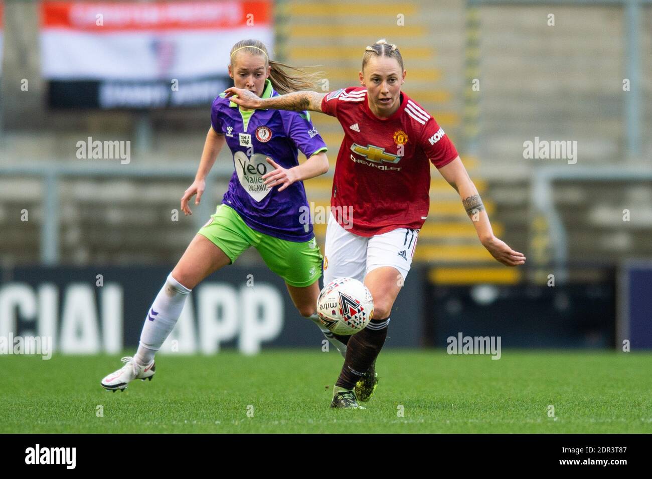 Leigh, UK. 20th Dec, 2020. Leah Galton of Manchester United holds off Aimee Palmer of Bristol City during the FA Women's Super League match at Leigh Sports Village, Leigh (Photo by Matt Wilkinson/Focus Images /Sipa USA) 20/12/2020 Credit: Sipa USA/Alamy Live News Stock Photo